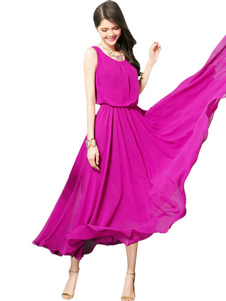 Rose rouge robe Maxi volants Sash robe en mousseline de soie
