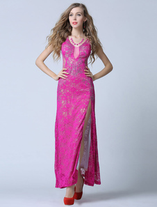 Robe de Prom fuchsia gaine Split Backless dentelle robe de soirée