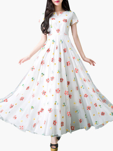 Robe Maxi blanc brodé robe en mousseline de soie plissée