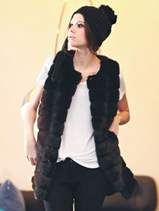 Noir capuche gilet fausse fourrure Polyester veste pour femmes