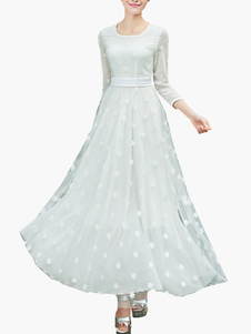 Robe Maxi blanche brodée imprimé robe en mousseline de soie plissée
