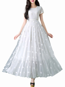 Robe Maxi blanche Tulle plissé en mousseline de soie robe brodée
