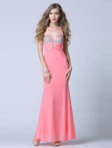 Pink Prom robe dos-nu Illusion perles robe de soirée