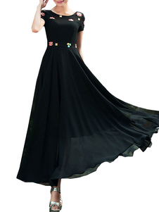 Robe Maxi noire brodée imprimé robe en mousseline de soie plissée