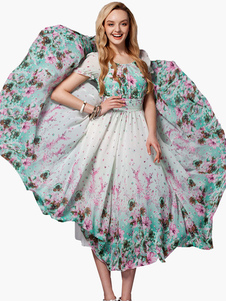 Robe multicolore Floral Print thé longueur robe de mousseline de soie