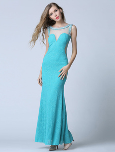 Bleu ciel Prom robe Illusion Backless soirée robe fourreau