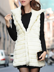 Blanc à capuchon Long gilet fausse fourrure Polyester veste pour femmes