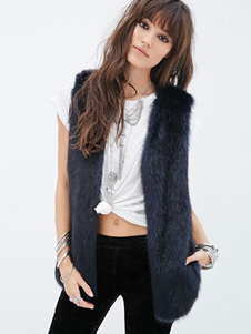 Gilet noir fausse fourrure Polyester veste Chic pour femme