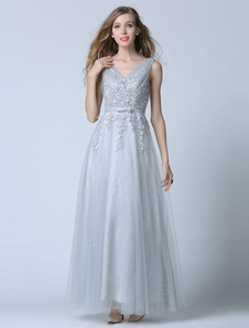 Gris robe fourreau Tulle profonde-V Backless soirée robe de bal