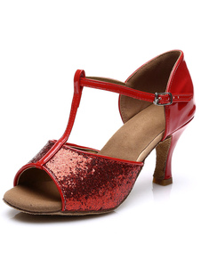 Sandales de danse latine rouge paillettes Satin talons