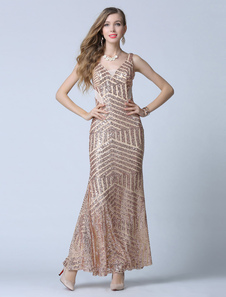 Robe de Prom or gaine sangles profonde-V paillettes robe de soirée