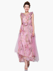 Robe Maxi rose Floral Print Sash Bow en mousseline de soie robe
