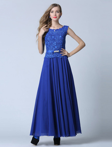 Robe de soirée bleu Prom robe gaine dentelle mousseline Backless