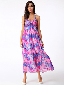 Multicolor Maxi robe bretelles imprimé Floral Croix Retour en mousseline de soie robe