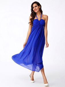 Robe bleue Halter bretelles dos-nu en mousseline de soie robe