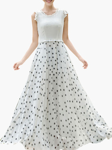 Robe Maxi blanche à pois Sash en mousseline de soie robe
