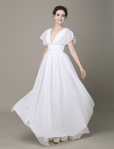 Robe mariage A-ligne en chiffon ivoire plissé col V Avec traîne
