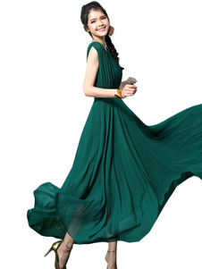 Robe Maxi verte ruché robe en mousseline de soie de Slim Fit