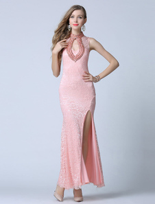Robe de soirée rose Prom robe décolletée Split dentelle