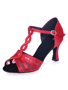 Danse latine rouge sandales découpe dentelle Satin talons pour femmes