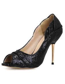 Sandales noires Peep Toe paillettes PU talons pour femmes