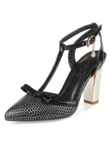 Sandales noir bout pointu serpent impression Bow PU talons pour femmes