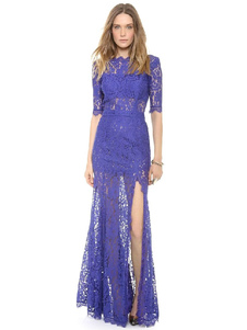 Split Maxi dentelle dos nu robe bleue