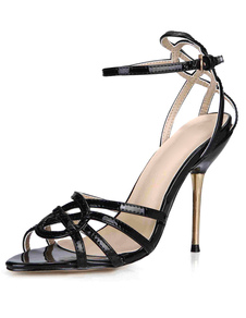 Sandales noires sangles brevet PU talons pour femmes