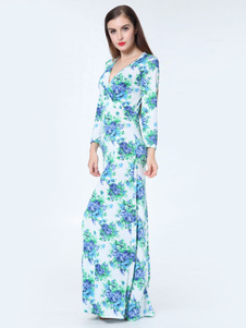 Robe en coton de Deep-V impression Floral multicolore robe Maxi