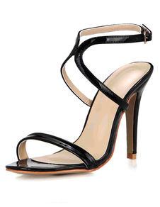 Sandales noires sangles brevet PU talons pour femmes