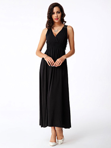 Robe en Satin robe Maxi noire profonde-V volants coton