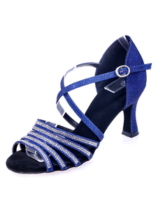 Danse latine bleu sandales strass Criss-Cross Satin talons pour femmes