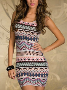 Imprimé multicolore Bodycon Dress bretelles Cut Out Spandex Club Dress