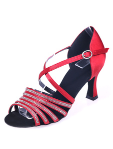 Danse latine rouge sandales strass croisé Satin talons pour femmes