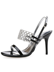 Sandales noires strass métal détails PU talons pour femmes