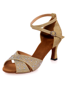 Danse latine or sandales strass bretelles Satin talons pour femmes