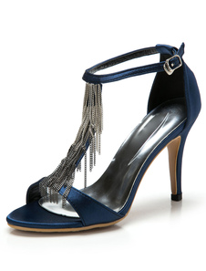 Sandales bleu franges Satin talons pour femmes