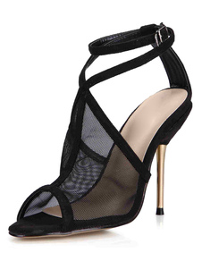 Sandales noires Peep Toe maille talons pour femmes