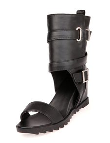 Noir, bottes boucle découpe PU sandales pour femmes