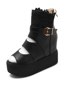 Plateforme noir chaussures découpe Peep Toe PU sandales pour femmes