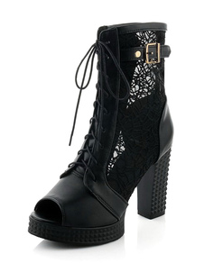 Bottillons noirs Peep Toe Lace Up PU bottes pour femmes