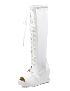 Blanc, bottes lacets Peep Toe PU bottes pour femmes