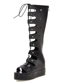 Sandales noires lacets découpe Rivets PU bottes pour femmes
