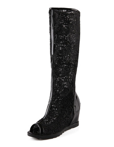 Bottes noires Wedge ouvrir orteil mi-longues PU bottes pour femmes