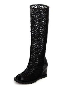 Black Boots Peep Toe PU découpe bottes pour femmes