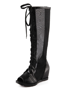 Bottes noires Peep Toe Lace Up découpe PU bottes pour femmes