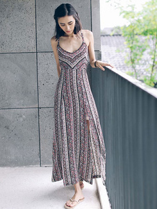 Sangles Maxi coton imprimée Backless robe multicolore