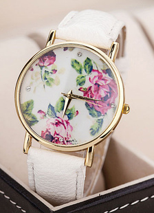 Watch blanc Floral imprimé ronds en acier inoxydable forme montre pour femmes