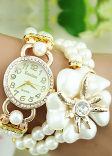 Montre multicolore Perle Fleur Strass Metal bracelet pour les femmes