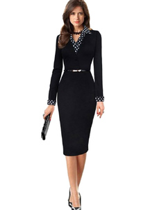 Robe en coton noir robe Bodycon Polka Dot Sash